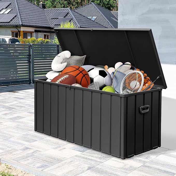 Metal Deck Box, 200 Gallon Outdoor Storage Box Waterproof, Large Patio Furniture Storage Cabinet, Lockable Storage Chest for Porch, Pillows, Cushions, Pool, Tools, Backyard -Grey