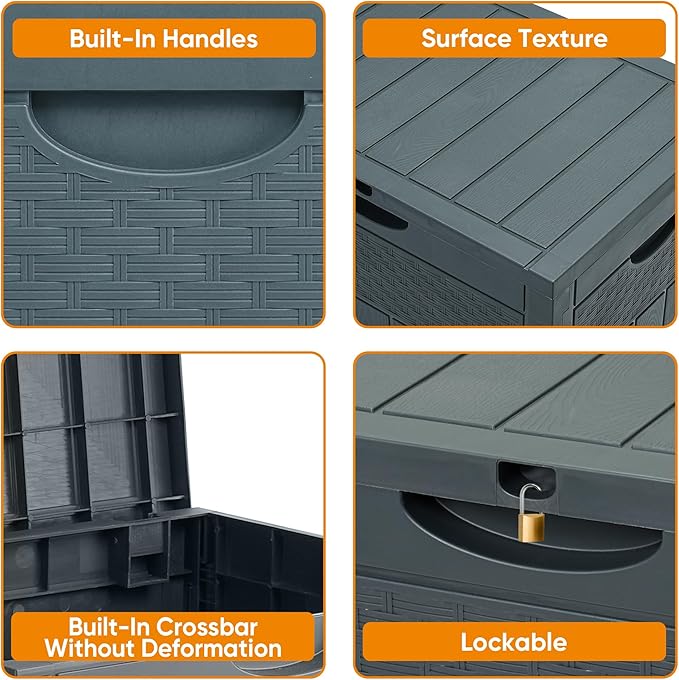 33 Gallon Resin Deck Box, Weatherproof Outdoor Storage Box for Patio, Garden, Pool, and Yard, Lockable Waterproof Bin for Tools, Cushions, and Accessories, Grey