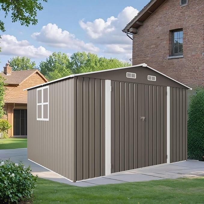 10x8 FT Outdoor Storage Shed,Metal Shed W/Window,Garden Storage Shed W/Lockable Door,All Weather Waterproof Tool House W/ 4 Air Vents & Sloped Roof,for Backyard,Patio,Lawn,Gray