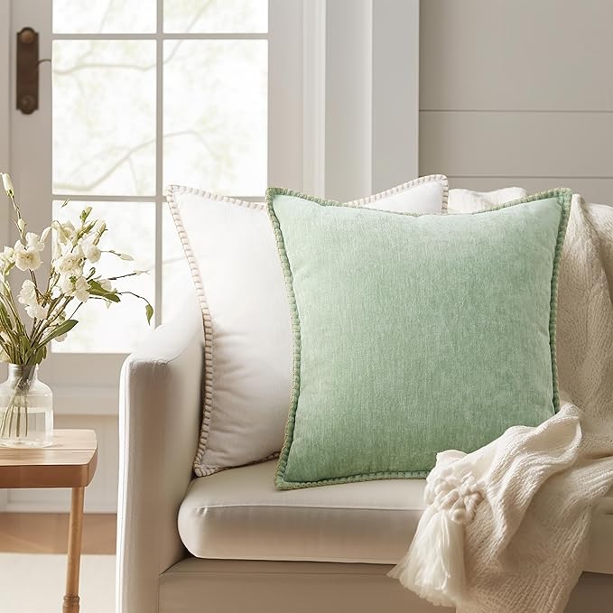 decorUhome Chenille Soft Throw Pillow Covers 24x24 Set of 2, Farmhouse Velvet Neutral Decorative Euro Pillow Covers with Stitched Edge for Couch Sofa Bed Home Decor, Sage Green