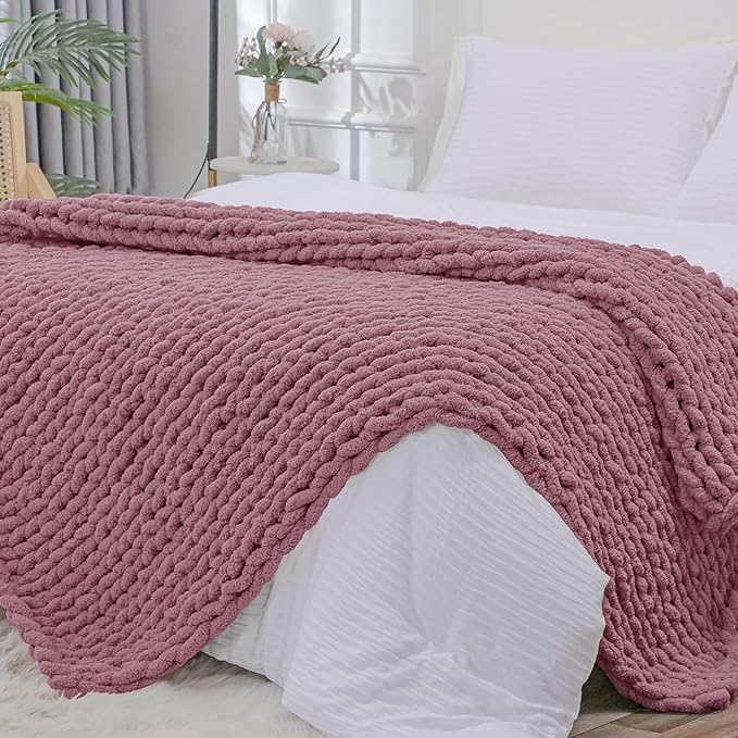 Bigacogo Chunky Knit Throw Blanket for Couch, 51x63 inches, 100% Hand Knitted with Thick Jumbo Chenille Yarn, Cozy Soft Large Rope Knot Cable Crochet Blankets for Sofa Bed Living Room, Burnt Rose