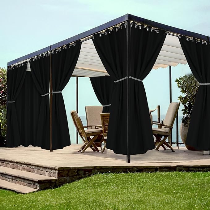 HolidayIdeas Grommet Outdoor Curtains for Patio Waterproof 8 Pcs All Weather Balcony Black Outside Curtains for Apartments, Gazebo, Pergolas, Porch, 54x108 Inch
