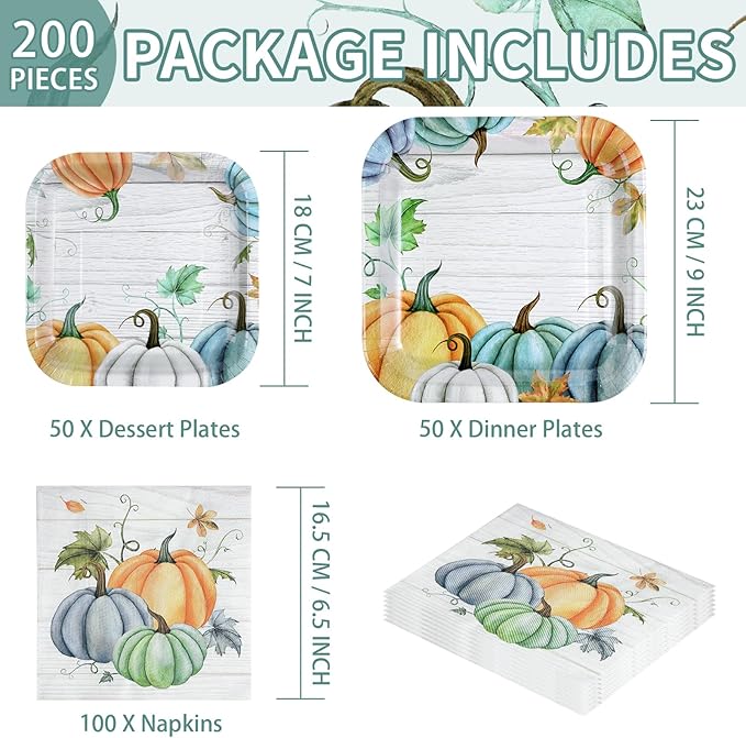 Grencian 200Pcs Fall Plates and Napkins Square Blue Pumpkins Plate Thanksgiving Paper Plates Pumpkin Wood Grain Dinnerware for Baby Shower Fall Harvest Family Thanksgiving Party Decorations, Serves 50