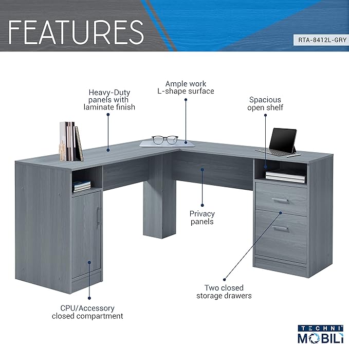 Techni Mobili Functional L-Shaped Computer Desk with storage, L is 59.5" wide x 59.5" Long, Grey