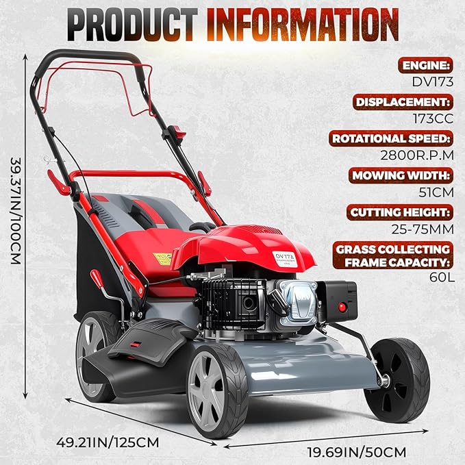 Self Propelled Lawn Mower 20-Inch with 60L Grass Bag - 173cc Engine Gas Push Lawn Mower for Hills 3-in-1 Mulch Bag Side-Discharge Rear Wheel Drive for Uneven Yards Lawn Care (173CC)