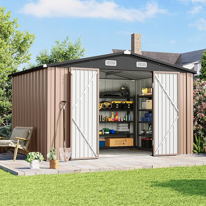 10x8 FT Outdoor Storage Shed with Lockable Double Doors & Loping Roof, Outdoor Metal Shed for Bike, Tool, Generator Storage in Backyard, Patio (10’x8’)