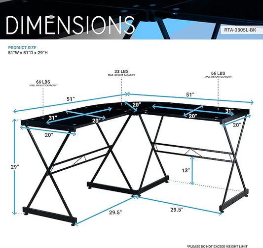 NicBex Laik-DW-00047-DX Desks, 51" W x 51" D x 29" H, Black