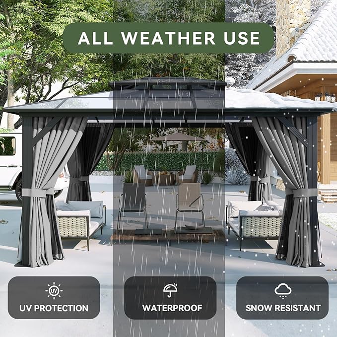 Aoxun 12'x14' Hardtop Gazebo, Aluminum Frame Permanent Pavilion with Curtains and Netting, Outdoor Polycarbonate Double Roof Canopy, Designed for Garden, Lawns, Patio, Gray