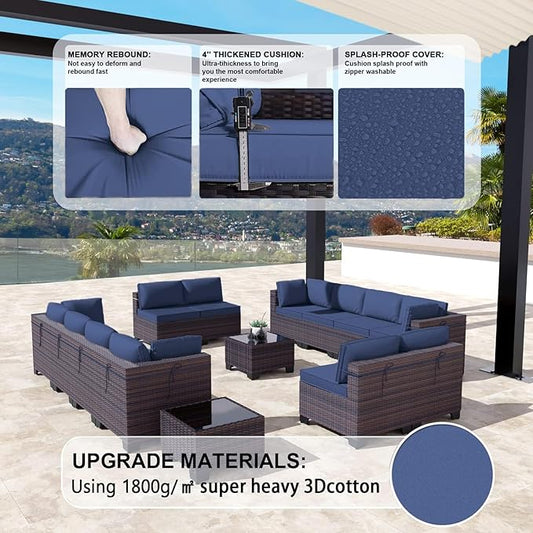 Kullavik 14PCS Outdoor Patio Furniture Set PE Wicker Rattan Sectional Sofa Patio Conversation Sets,Navy blue