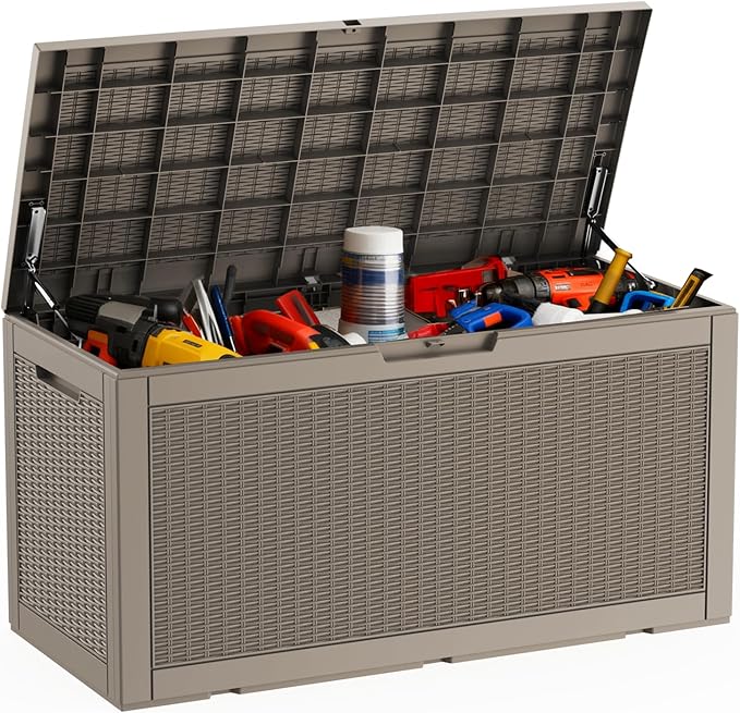 DRATO 100 Gallon Large Deck Box, Outdoor Storage Box for Patio Furniture, Patio Cushions, Gardening Tools, Pool Supplies,660lbs Weight Capacity,Waterproof Resin Storage Boxes