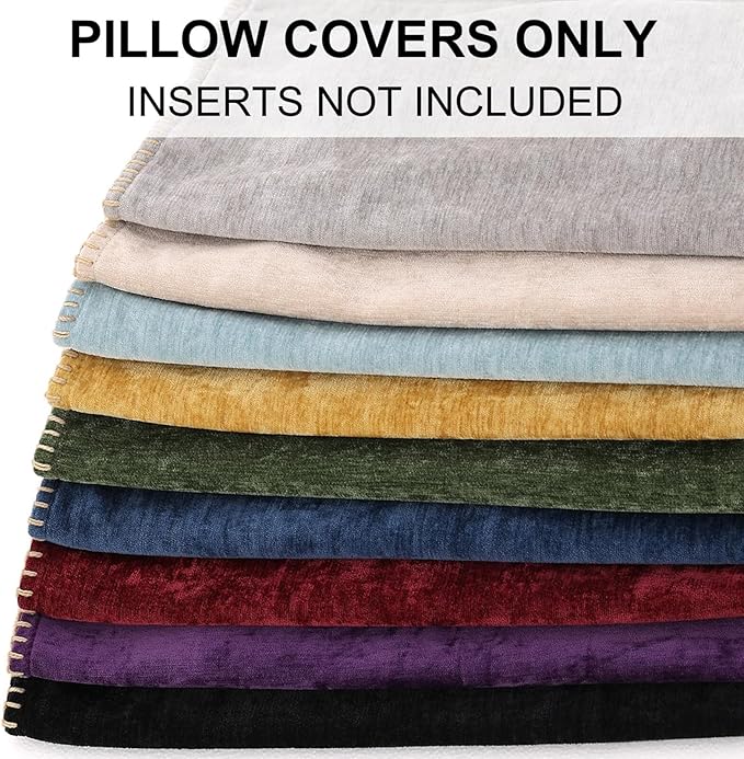 decorUhome Chenille Soft Throw Pillow Covers 22x22 Set of 2, Farmhouse Velvet Neutral Decorative Euro Pillow Covers with Stitched Edge for Couch Sofa Bed Home Decor, Cream White