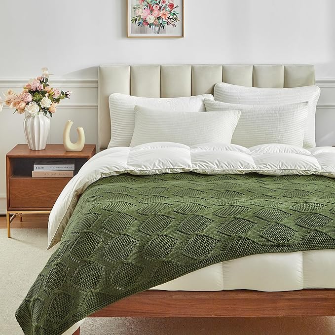 Longhui bedding Chunky Cotton Knit Throw Blanket for Couch, Sofa, Bed, or Chair, Decorative Breathable Fall Cable Knit Blanket 51 x 63 Inches, Olive Green