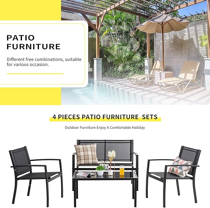 Shintenchi 4 Pieces Patio Furniture Set All Weather Textile Fabric Outdoor Conversation Set, with Glass Coffee Table, Loveseat, 2 Single Chairs for Home, Garden, Lawn, Porch(Black)