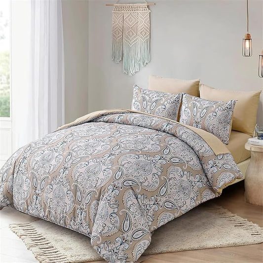 Yiran 7 Pieces Paisley Bedding Set Comforter Set Brown Boho Floral Bed in a Bag Microfiber Comforter Queen Size 90"×90"(1 Comforter,2 Pillowcases,2 Pillow Shams,1 Flat Sheet,1 Fitted Sheet)