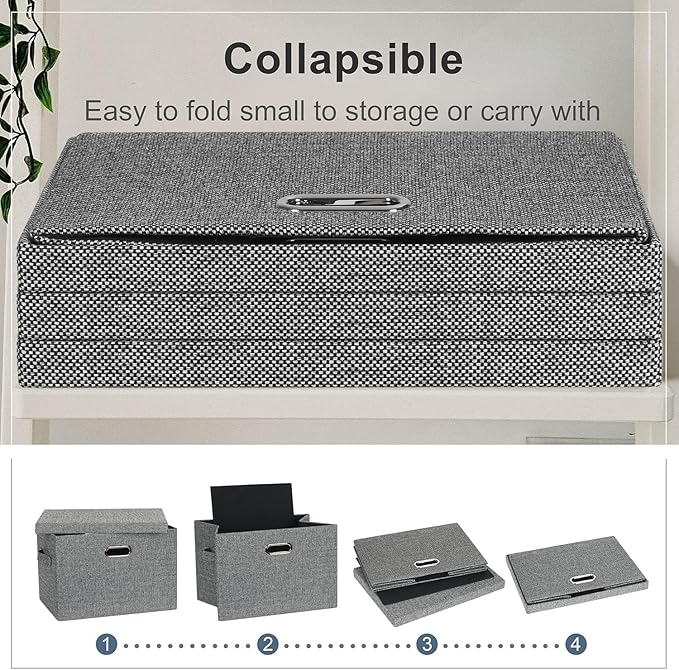 Large 17" 36 Quart Collapsible Stackable Storage Bins with Lids, 3 Packs Black and White Mix Linen Fabric Closet Boxes with Lids, Storage Cube Baskets Container Organizers (17x12x11)