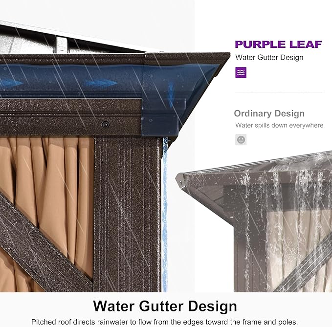 PURPLE LEAF 14' X 16' Outdoor Hardtop Gazebo Patio Wide Aluminum Frame Galvanized Steel Double Roof with Heavy Duty Netting and Curtains for Permanent Hard Top Pavilion Screen Khaki
