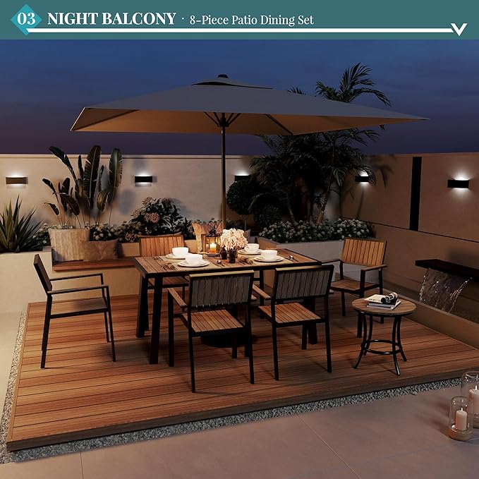 Pamapic 8-Piece Patio Dining Set,Outdoor Aluminum Furniture Set with Plastic-Wood Table Top,Outdoor Furniture Set with 6 Outdoor Stackable Chairs for Patio Garden Poolside,Walnut