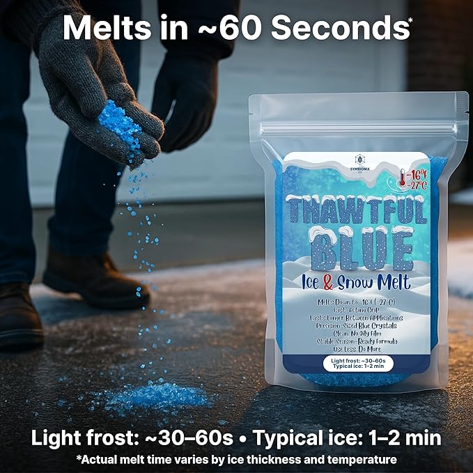 Thawtful Blue Ice & Snow Melt – Snow Melt, Rock Salt, Driveway & Sidewalk Salt for Ice, Blue Granular Rock Salt, Melts to −16°F (−27°C) – Resealable Zip Bag (1 Quart - 2.2 lb.)