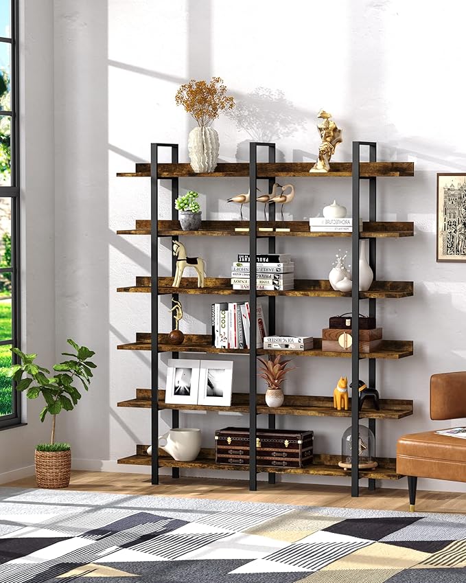 Bookshelf, 82.7" Double Wide 6 Tier Industrial Wooden Bookcase Large Wall Etagere Rustic Vintage Tall Book Shelf with Metal Frame Open Storage Rack for Living Room Home Office