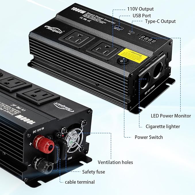 1000W Inverter for Car Power Inverters,12v DC to 110v AC Converter with 3.0 A USB Type-C Outlets, 12 Volt Inverter Car Cigarette Lighter Battery Inverter for Vehicles