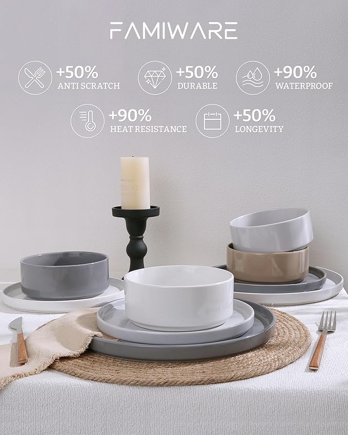 Famiware Nebula Dinnerware Set with Pasta Bowls, Service for 4 (16pcs), Fine Stoneware Plates and Bowls Sets, Microwave and Dishwasher Safe Dishes Set, Multi-color
