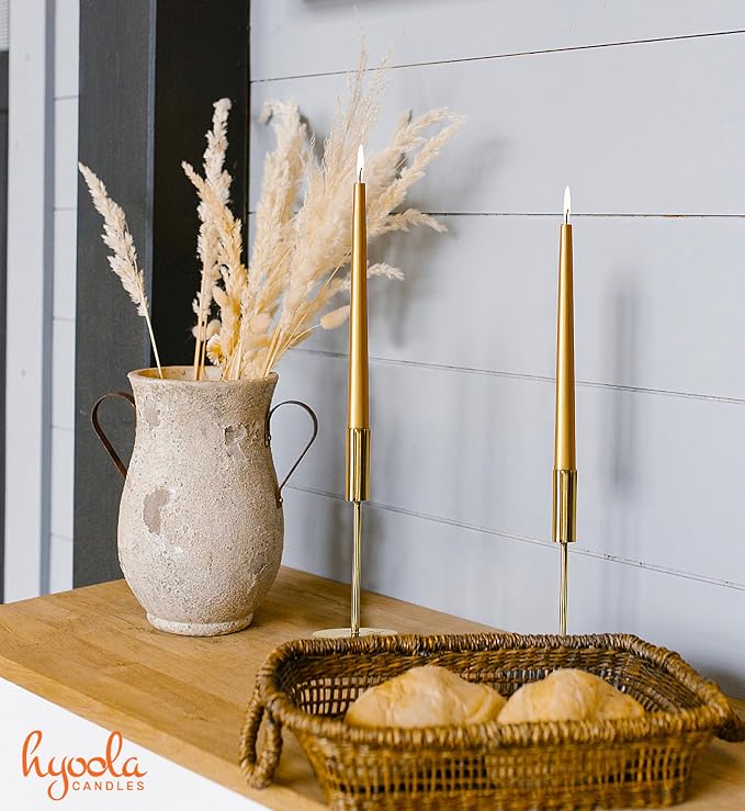 Hyoola Tall Taper Candles - 10 Inch Metallic Gold Dripless, Unscented Dinner Candle - Paraffin Wax with Cotton Wicks - 8 Hour Burn Time (Pack of 12)