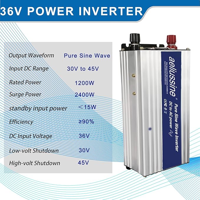 1200W Pure Sine Wave Inverter-36V DC to 110V 120V AC Power Converter with 2 AC Outlets, 36 Volt Power Inverter for Truck, Rv, Camping, Home, Emergency Power