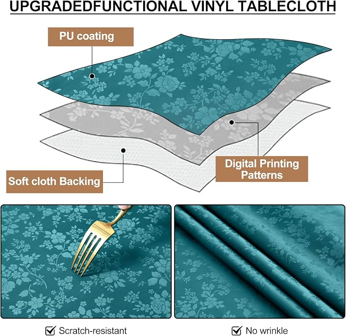 Smiry Rectangle Waterproof Heavy Duty Vinyl Tablecloths, 52 x 70 Inch | Wipeable Washable Floral Embossed Table Cover for Kitchen and Dining Room, Indoor & Outdoor Use, Emerald Green