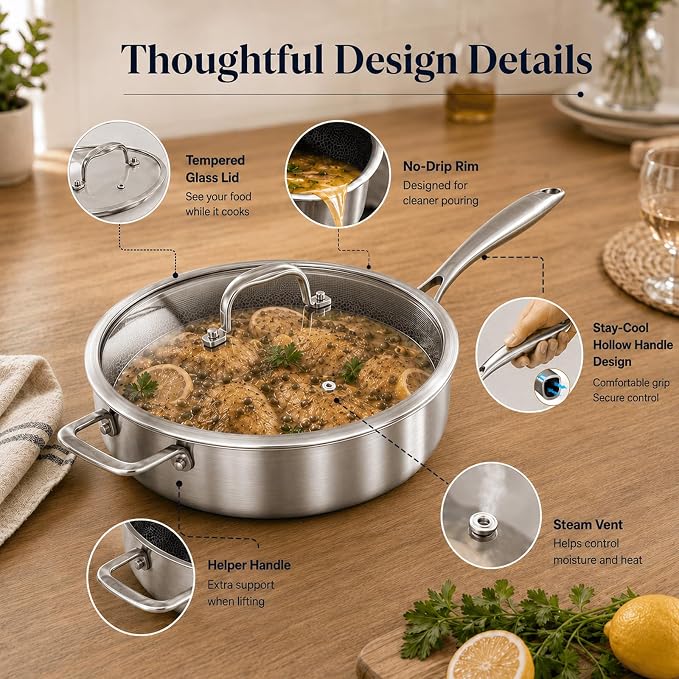 DELARLO Tri-Ply Hybrid Stainless Steel 10 Inch Saute Pan,3QT Chef Cooking Pan,Anti-Scratch,Compatible with All Cooktops,Oven Up to 660℉,Chicken Fryer,Dishwasher-Friendly(Detachable handle)