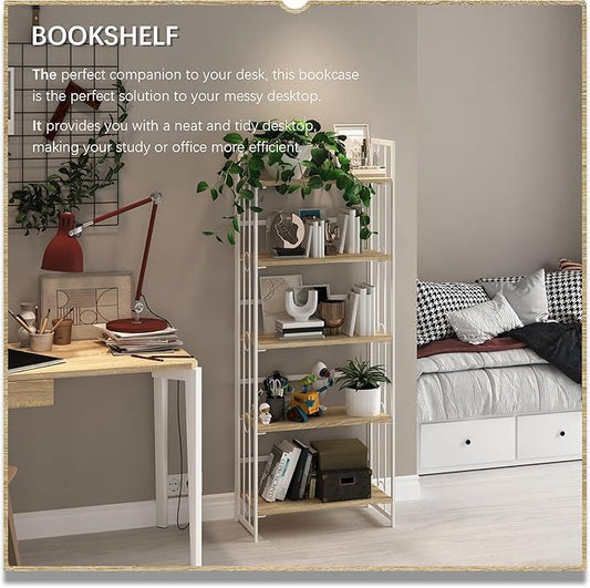 4NM No-Assembly 5 Tiers Folding Bookshelf Storage Shelves Vintage Bookcase Standing Racks Study Organizer Home Office - Natural and White