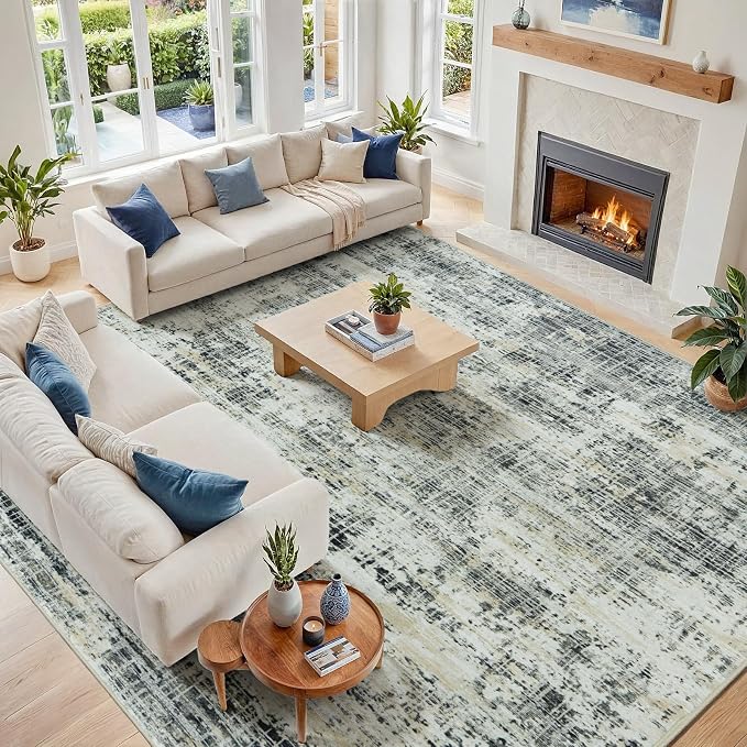 10x12 Washable Area Rug for Living Room Bedroom: Non-Slip Modern Black Gray | Machine Washable TPR Backing, Stain-Resistant Low Pile, Pet & Kid Friendly, Abstract Decor for Dining Room, Dorm, Home Office