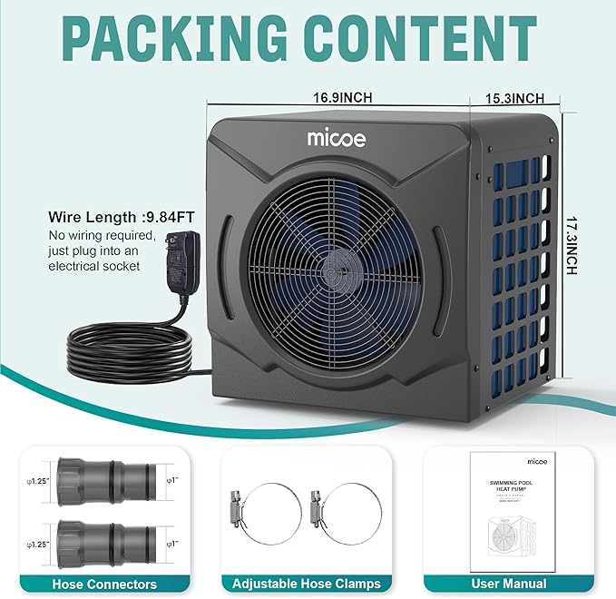 MICOE 17000 BTU Pool Heater for Above Ground, Swimming Pool Heat Pump Heating or Cooling, Titanium Heat Exchanger,Ultra Quiet 50dB, 120V with Easy Install Kit