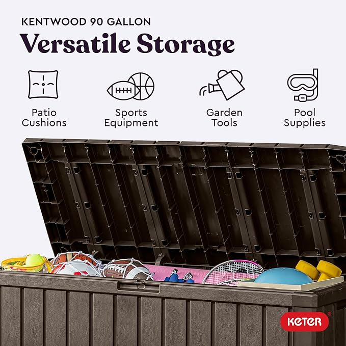 Keter Kentwood 92 Gallon Resin Deck Box-Organization and Storage for Patio Furniture Outdoor Cushions, Throw Pillows, Garden Tools and Pool Floats, Brown