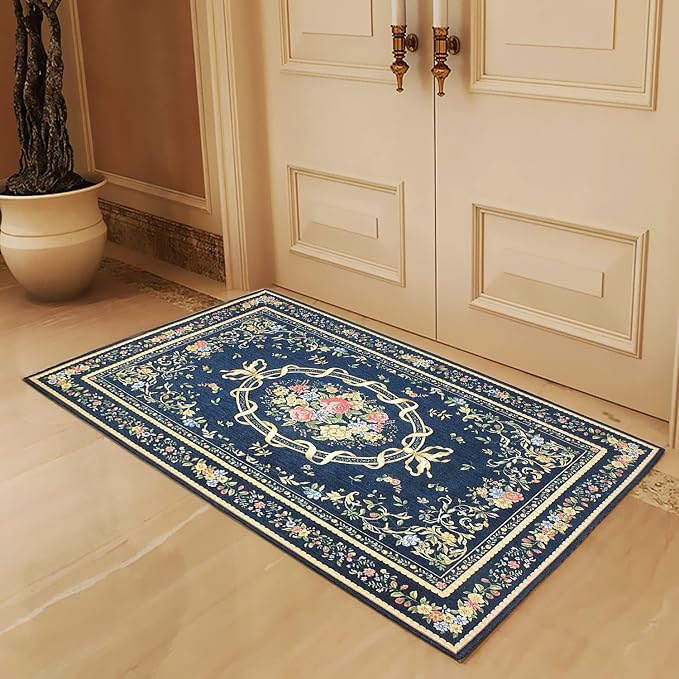 Luxury Rustic Floral Door Mat Washable Elegant Shabby Rose Rug Non Slip Accent Floor Rugs for Entry Way, 2'7'' x 4', Navy Blue