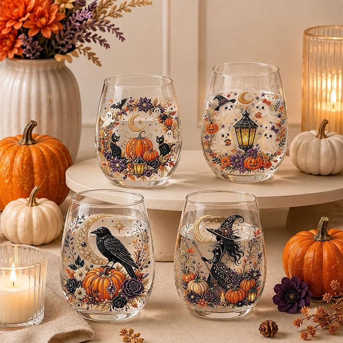 3D Halloween Autumn Glass Art Cup,Stemless Holiday Glassware Collection | Fantasy Fall Witch Wine Glasses,Holiday Printed Table Ornaments,Magical Halloween Home Decor Gifts for Various Beverages