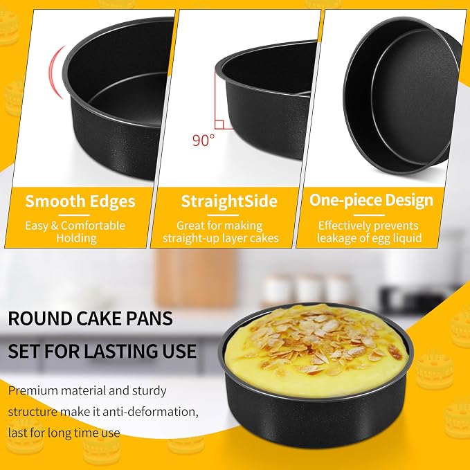 P&P CHEF 6 Inch Cake Pan Set of 3, Non-Stick Round Cake Pans | Round Cake Tins for Tier Smash Cakes, Baking Pans Set & Essential Bakeware, Stainless Steel Core & Leak-Proof