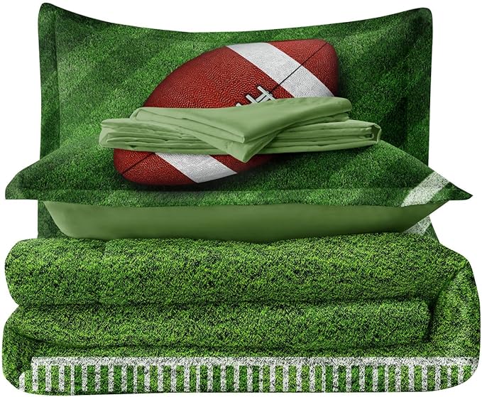 Football Comforter Set Twin Size for Teen Boys, Kids Football Field Bedding Green Themed Bedroom Set with Sheets, Twin Bed in a Bag Set