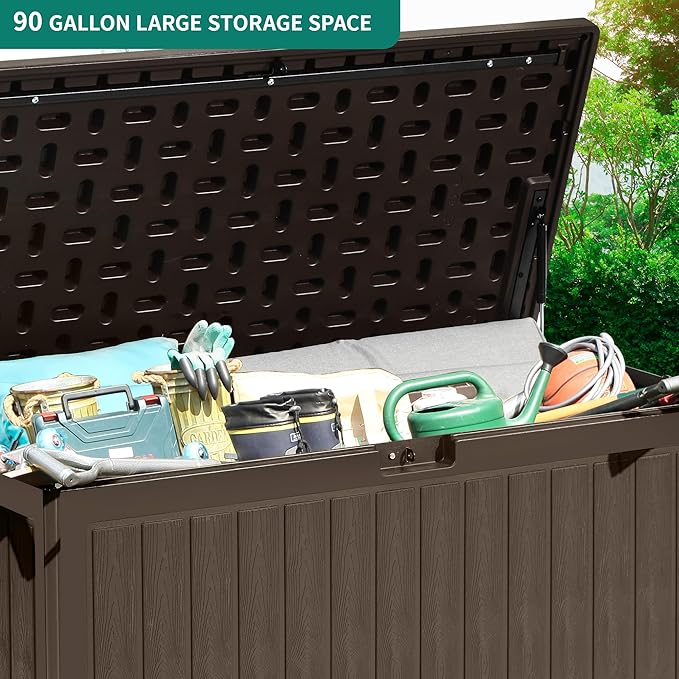 YITAHOME 90 Gallon Double-Wall Deck Box with Side Handles, Outdoor Large Storage for Patio Furniture Cushions, Garden Pool Accessories, Water Resistant & Lockable