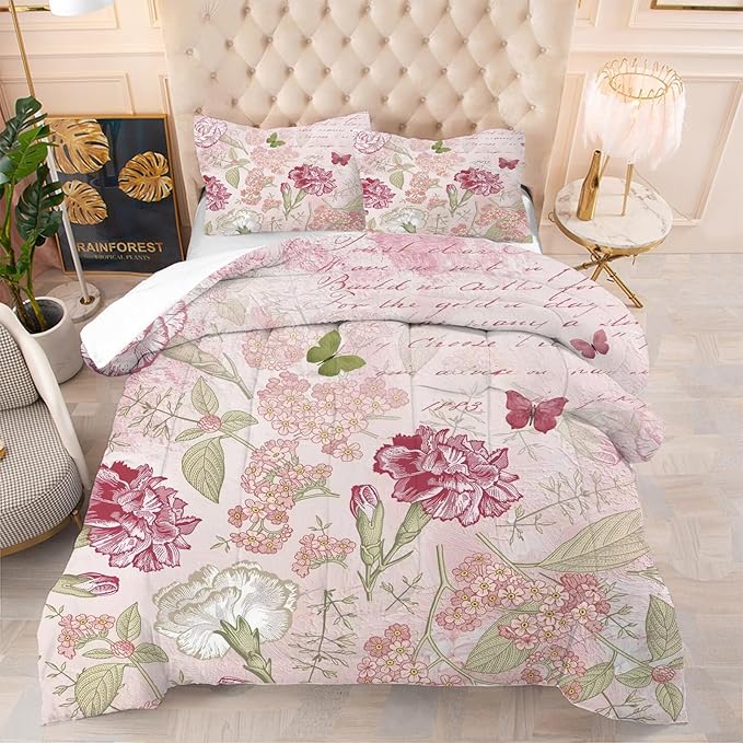 kxry Pink Flower Comforter Sets Butterfly Bedding Sets King Size Comforter Set for Girls Women Kids 1 Comforter + 2 Pillow Case