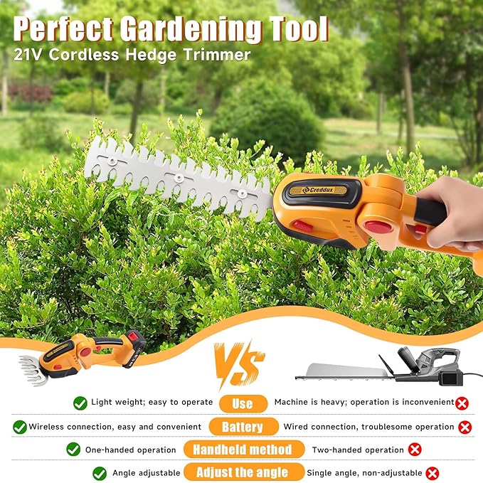 Cordless Hedge Trimmer, 2-in-1 Handheld Electric Hedge Trimmer/Grass Shears for Garden,Yard and Lawns, Shrub Trimmer with 2 PCS Rechargeable Battery&Charger (Yellow)
