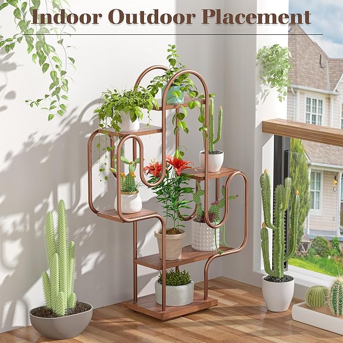 Allinside Cactus Corner Bookshelf, 6 Tiers Multipurpose Plant Stand, Heavy-Duty Metal Corner Shelf, Creative Tall Display Rack, Rustic Bookcase for Living Room, Bedroom, Home Office and Balcony