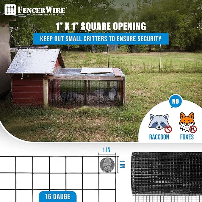 Fencer Wire 16 Gauge Black Vinyl Coated Welded Wire Mesh Size 1 inch by 1 inch for Home and Garden Fence and Pet Enclosures Protect Chickens Rabbits and Farmed Animals (d) 4 ft. x 50 ft.