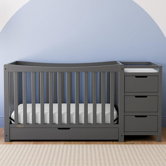 Graco Remi 4-in-1 Convertible Crib & Changer with Drawer (Gray) – GREENGUARD Gold Certified, Crib and Changing -Table Combo, Includes Changing Pad, Converts to Toddler Bed, Daybed and Full-Size Bed