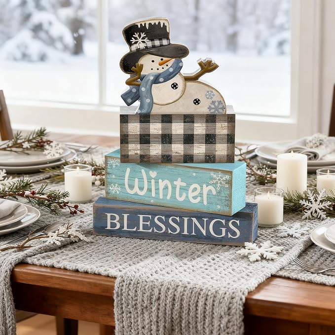 Moucuny 4 Pcs Winter Table Decorations Playful Snowman Decor Indoor Winter Tiered Tray Decor Rustic Wooden Decorative Snowman Block Sign Gift Snowflake Centerpiece Farmhouse for Home Kitchen