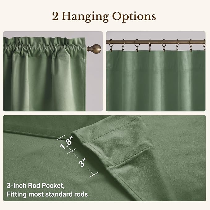 Velvet Window Valance 52x18 Inch 4-Panel Set | Soft Wavy Sage Green Kitchen Curtains for Windows, Luxury Fabric Aesthetic Window Treatment for Bay Window, Living Room