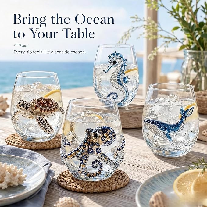 Novelty 3D Sculpted Ocean Life Stemless Wine Glasses, 12oz Embossed Sea Animal Glassware for Beverages, Premium Borosilicate Glass Beach Gifts (Seahorse)