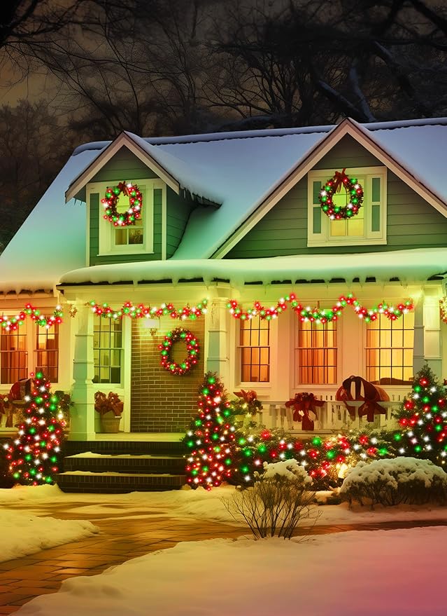 Minetom Solar Christmas Lights Outdoor Waterproof, 40FT 100 LED Solar Lights with 8 Modes, Solar Christmas Outdoor Decoration, Solar String Lights for Outside House Tree Party Yard, Red Green & White