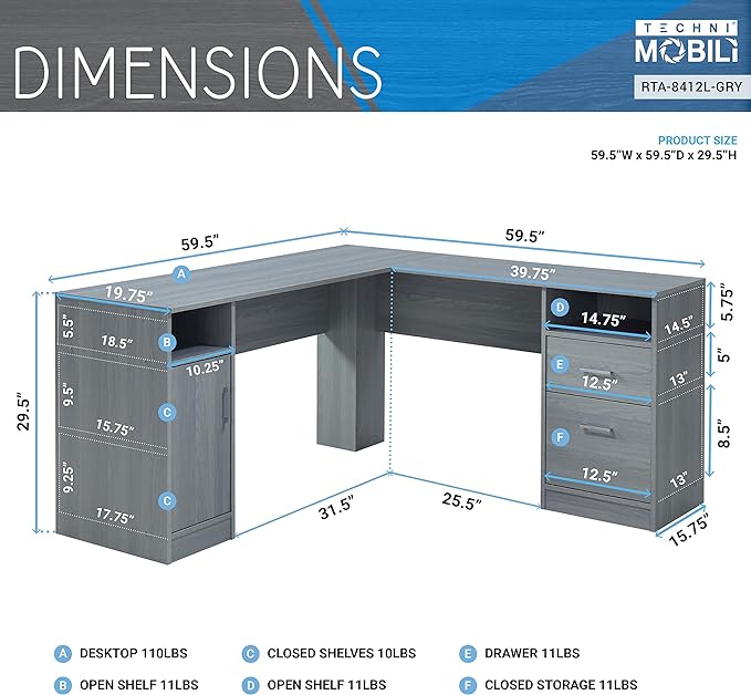 Techni Mobili Functional L-Shaped Computer Desk with storage, L is 59.5" wide x 59.5" Long, Grey
