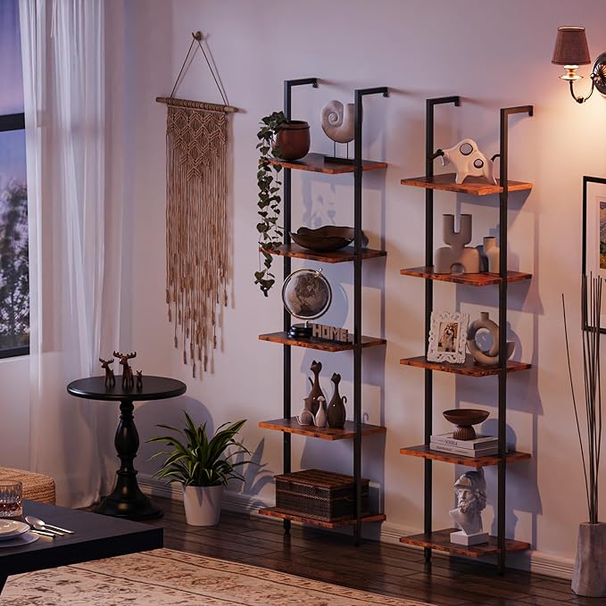 SUPERJARE 5 Tier Bookshelf, Narrow Book Shelf with Open Display Shelves, Small Bookcase with Metal Frame for Bedroom, Living Room, Rustic Brown