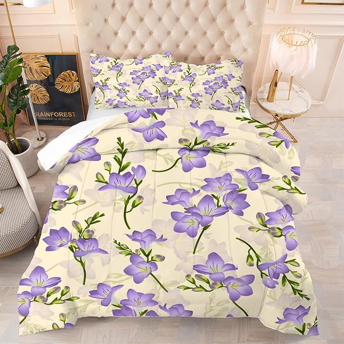 kxry Purple Flower Comforter Sets Bedding Sets Twin Size Comforter Set for Girls Women Kids 1 Comforter + 1 Pillow Case